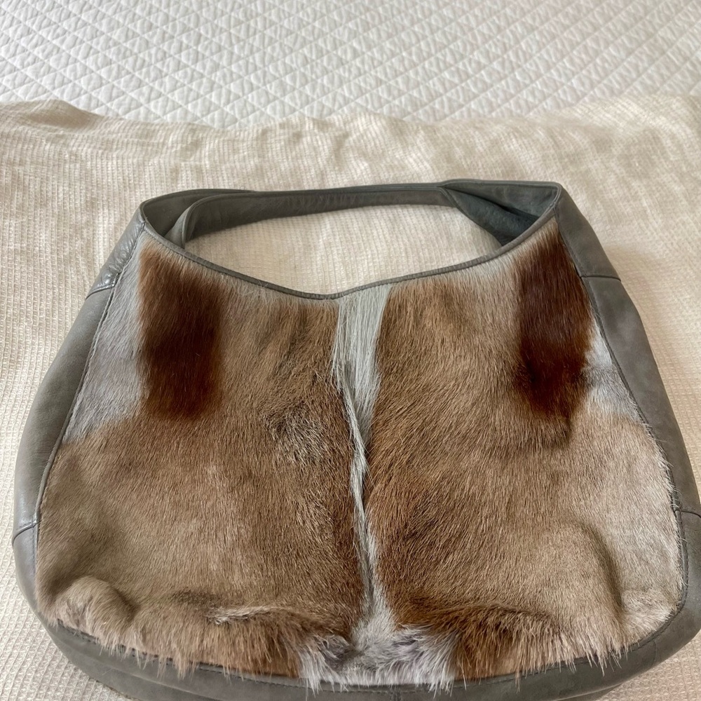 VASH Grey Brown Fur Hide Shoulder Tote Bag